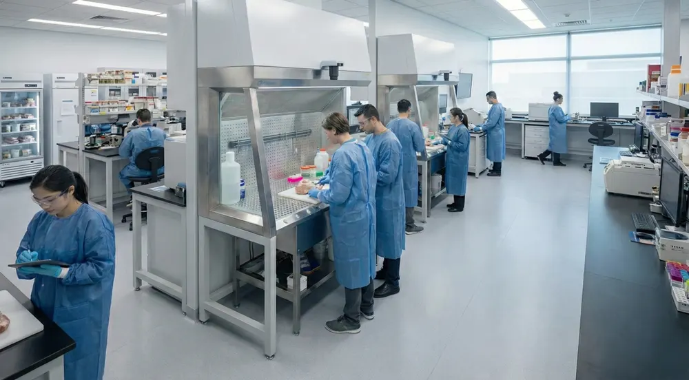 A pathology lab with Grossing Professionals in blue protective gear working at lab stations. The room is bright and organized, conveying a sense of focus and precision.